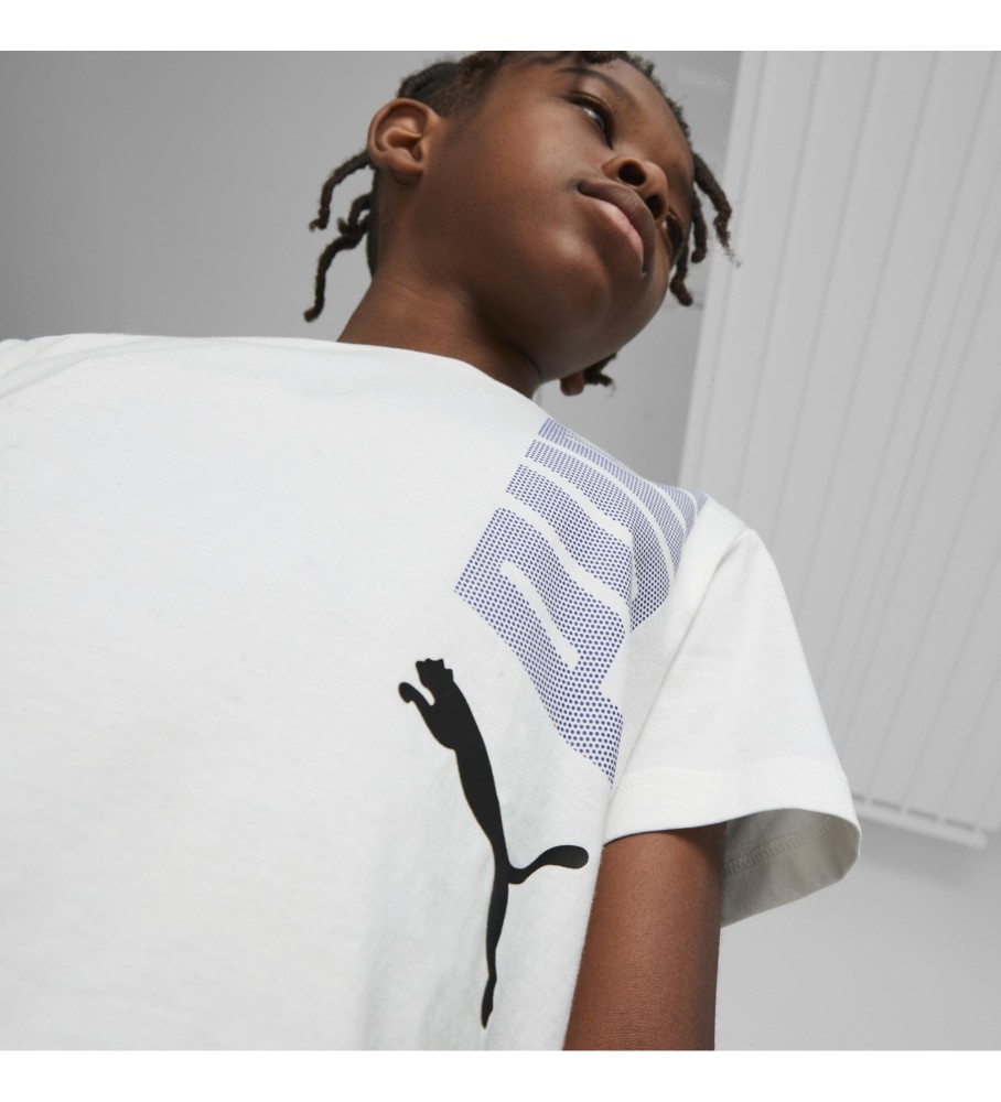 Conjunto de camisa e shorts Puma Logolab, branco e azul.