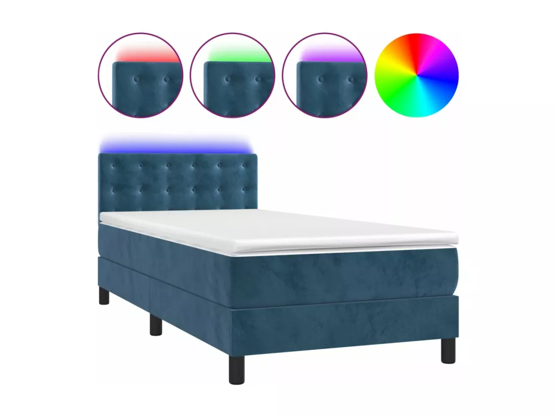 Sommier tapissier et matelas et LED Bleu foncé 90x190cm Velours