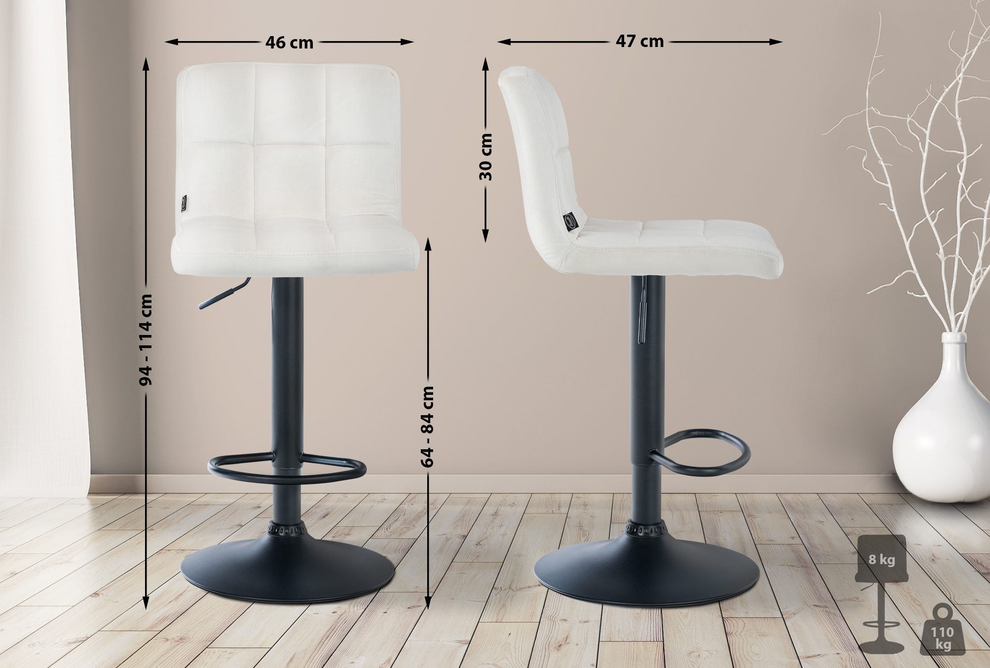 CLP Design Barhocker Peru Samt I Höhenverstellbarer Drehstuhl Mit Gestepptem Polster I Komfort Thekenhocker Mit Fußstütze Und Metallgestell