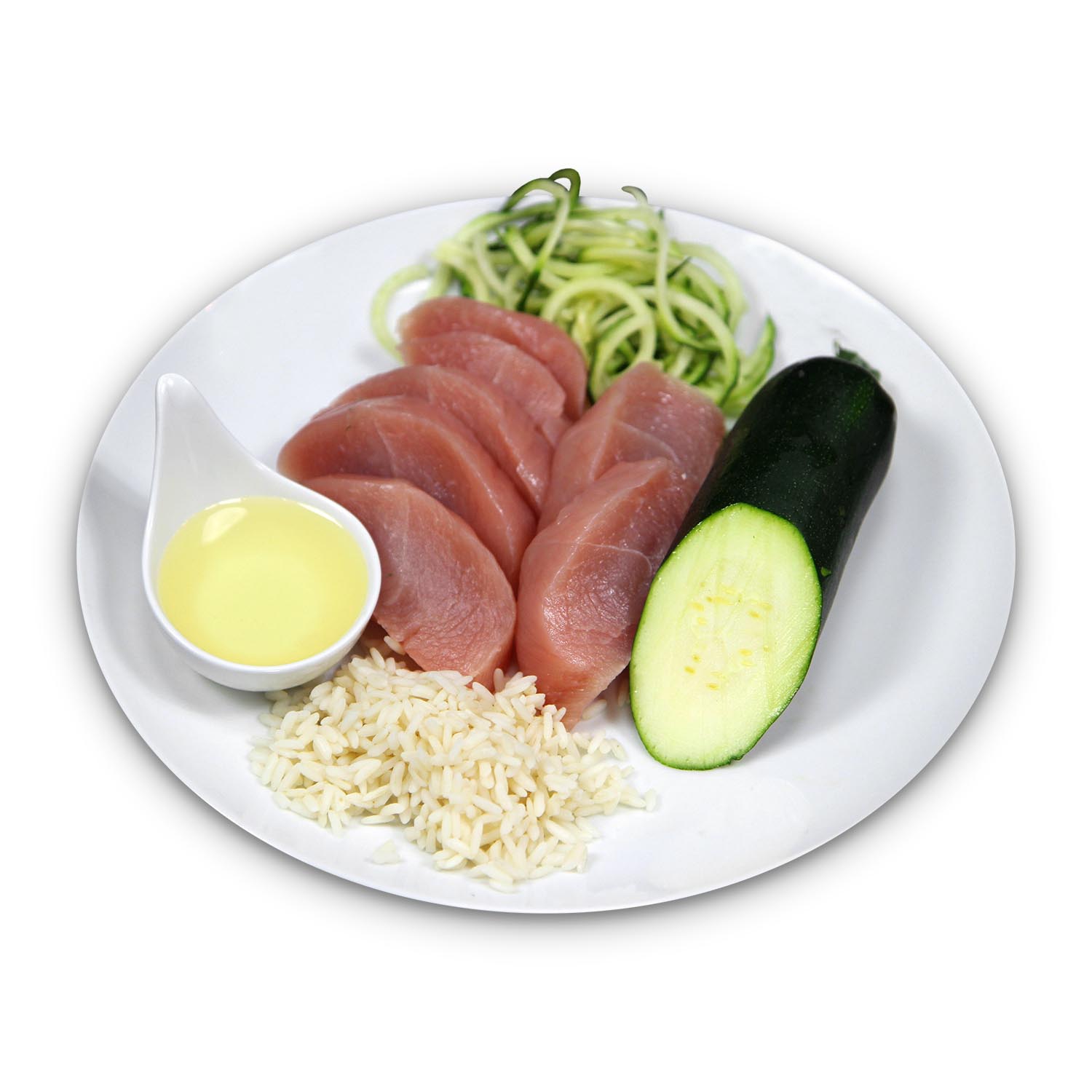 gute Pute an gekochtem Reis mit gedämpfter Zucchini