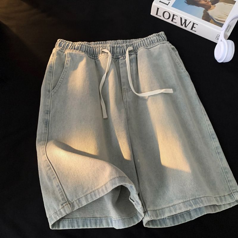 Kimeya - Gewassen denim shorts met wijde pijpen en trekkoord in de taille