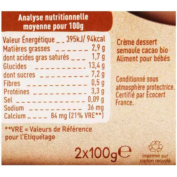Sobremesas Lácteas Babybio, Pudim de Semolina com Cacau +6 meses, Orgânico, Pacote com 2 x 100g