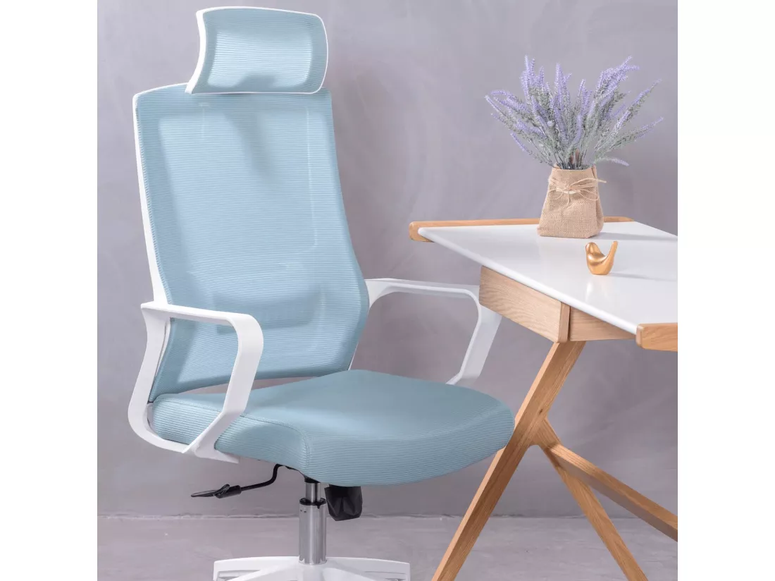Chaise de bureau ergonomique en mesh respirante et appui-tête réglable - Mesh - Bleu