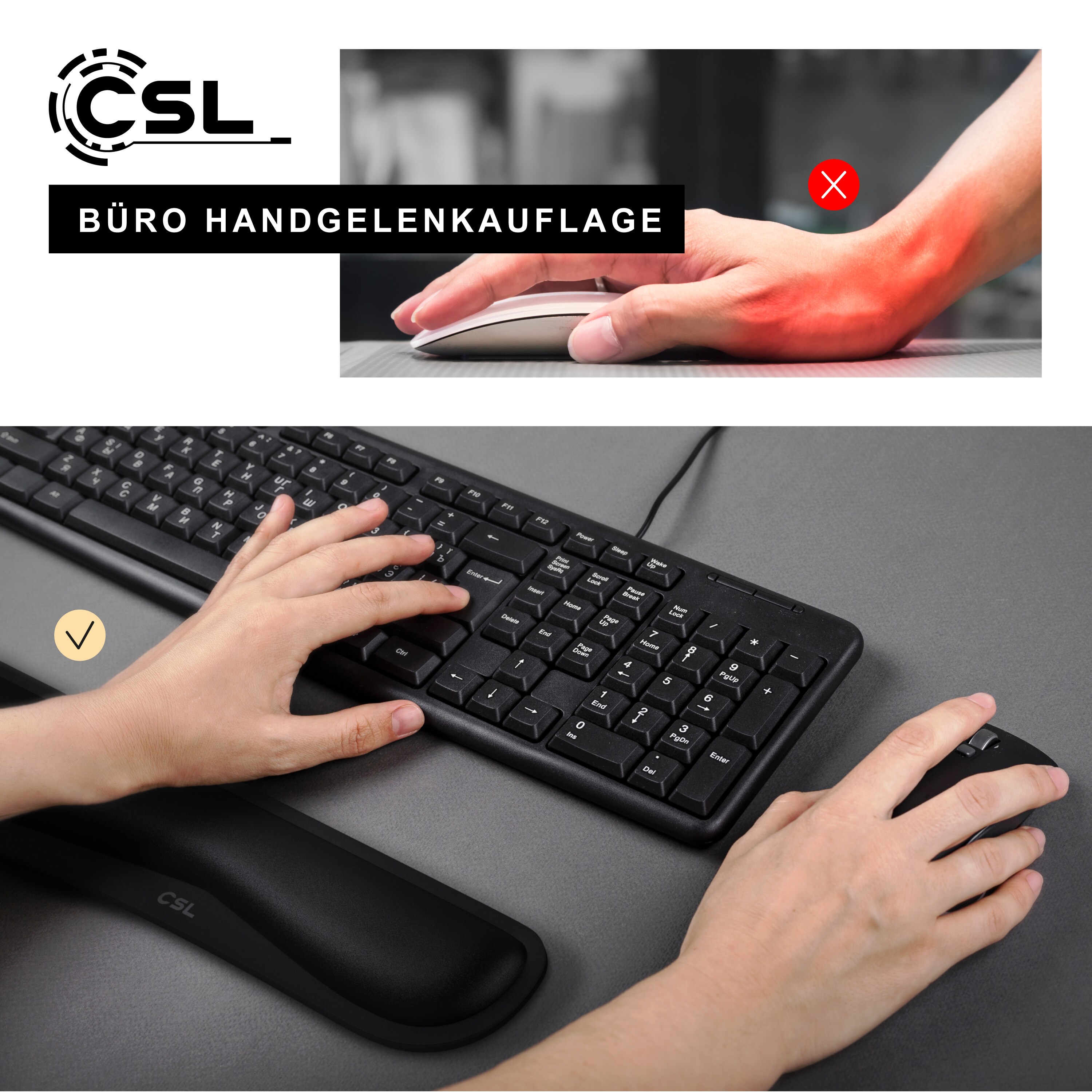 CSL Handgelenkauflage Tastatur Keyboard - Handballenauflage Handgelenkschoner - Maus und Tastatur - ergonomische Haltung - 43 cm - atmungsaktiv
