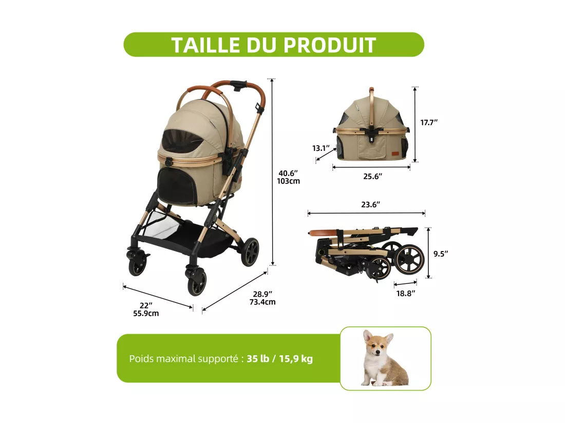 YITAHOME Poussette - pour Chien Chat - Tout Terrain - Panier de Rangement - 4 Roues - Pliable Portable - Amovible -Beige