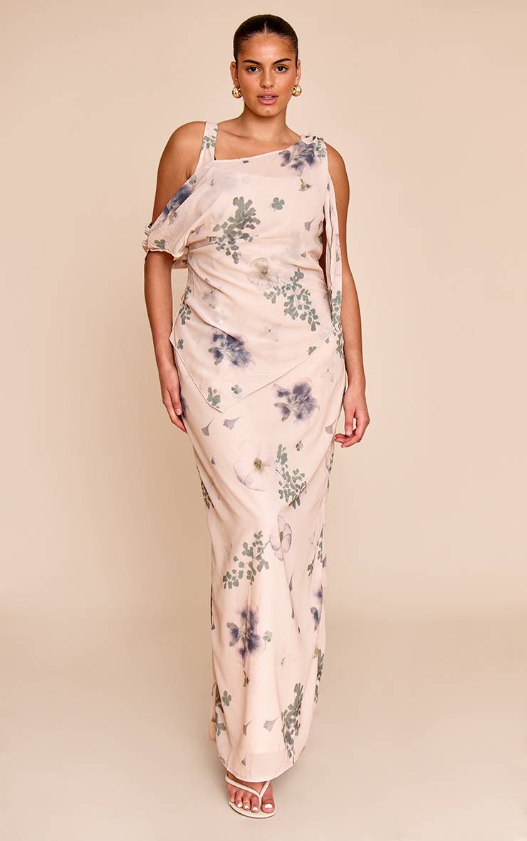 Sable Robe Maxi Drapée En Mousseline Imprimée Abstraite Grande Taille