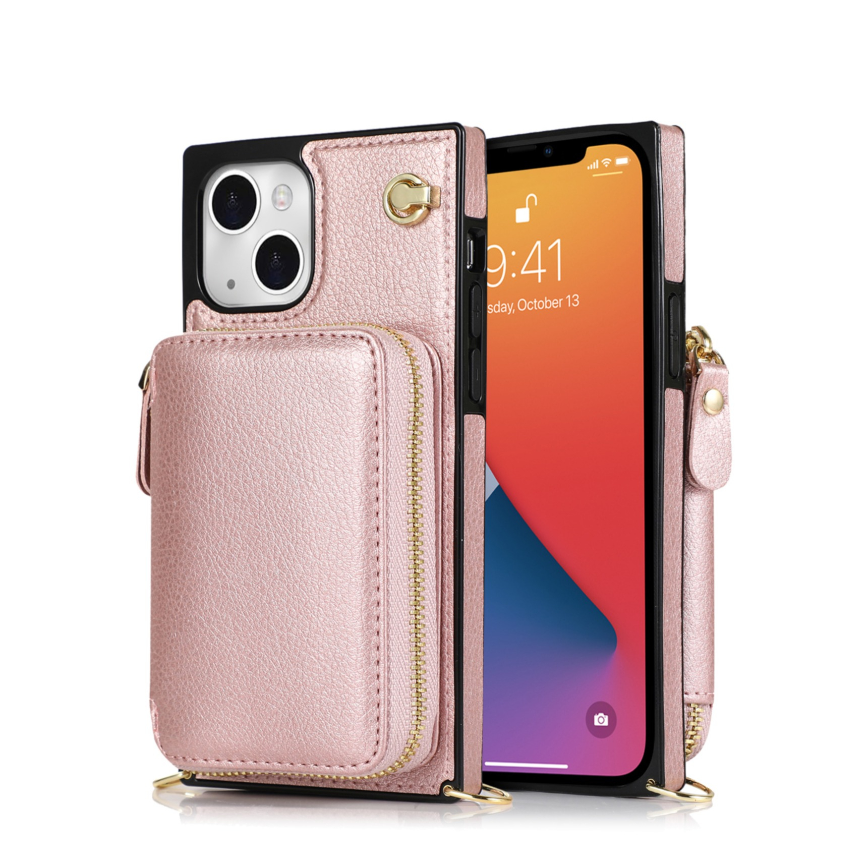 iPhone 13 Necklace Leder Schutz Hülle mit Kartenfächer   Handykette (140cm) - Roségold