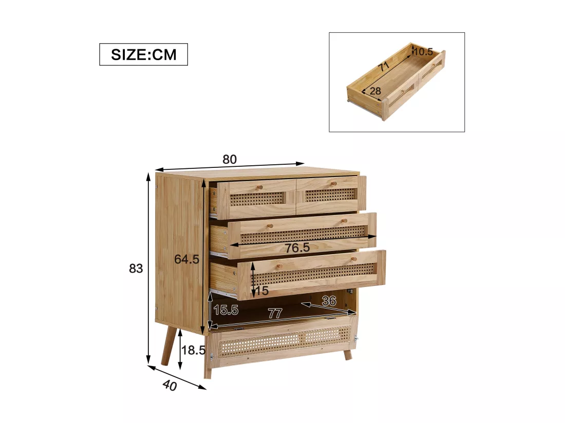 Commode avec 3 tiroirs et 1 compartiment abattant - en bois et rotin - Naturel