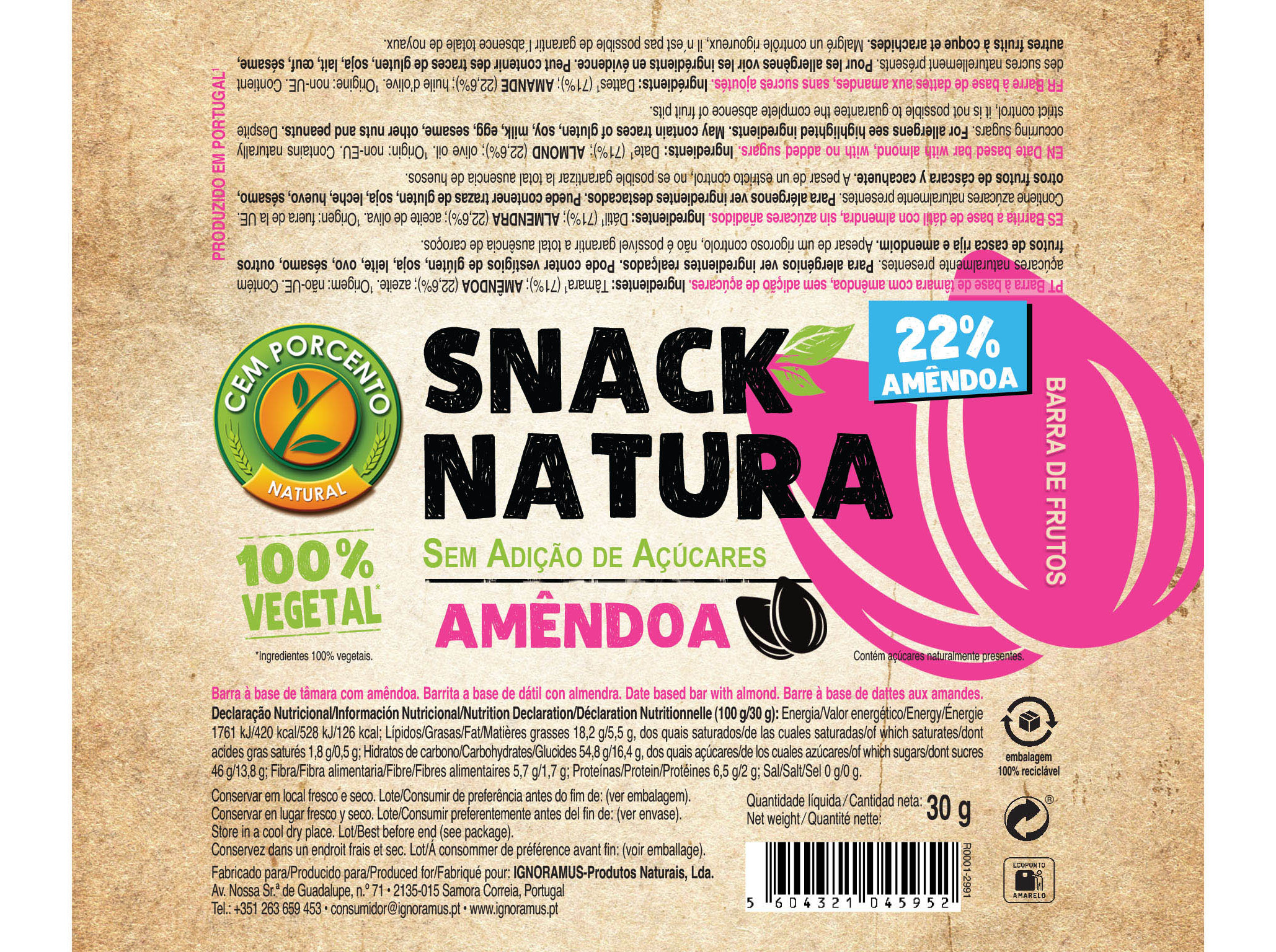 BARRA SNACK NATURA CEMPORCENTO AMÊNDOA 30G