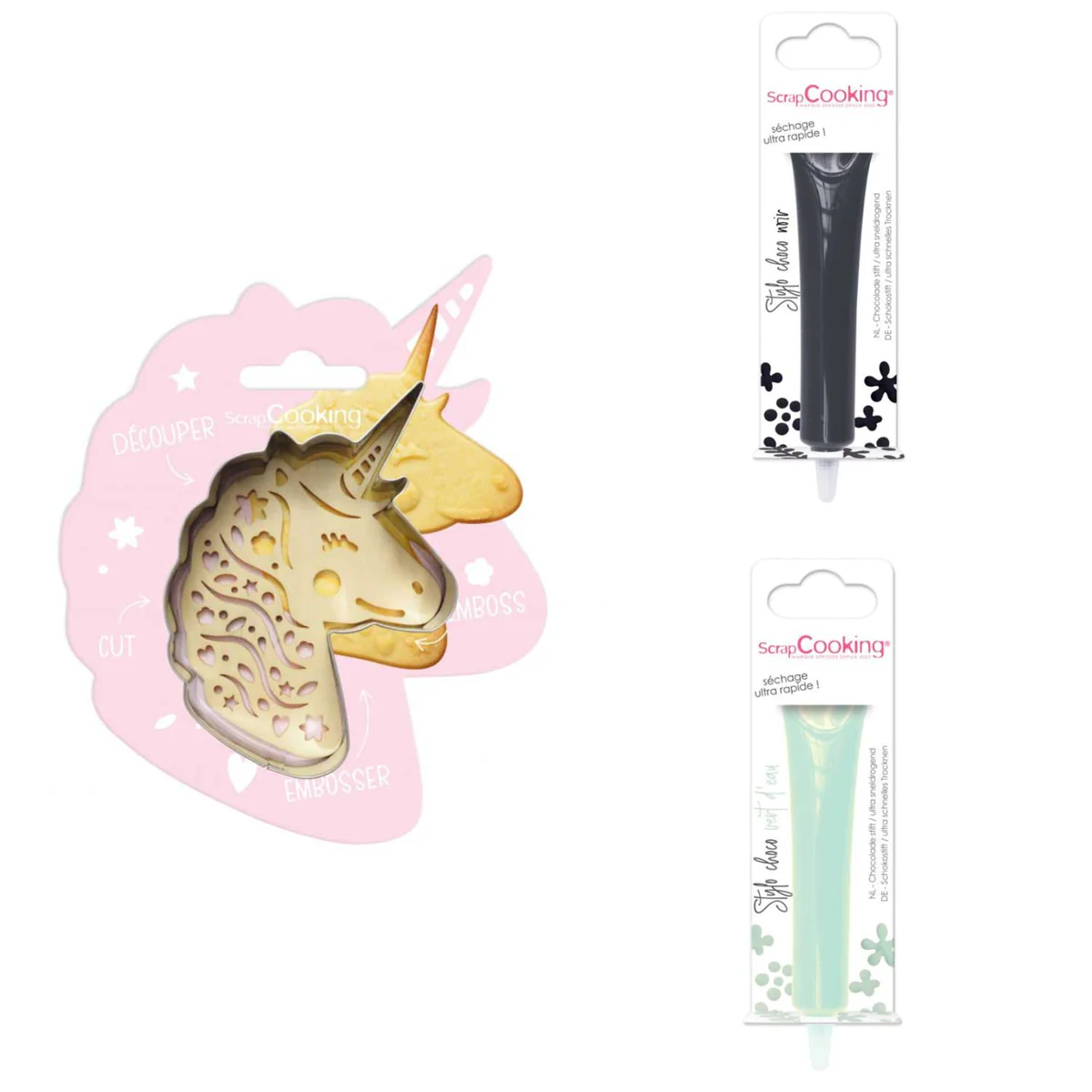 Kit pour biscuit en relief Licorne + 2 Stylos au chocolat noir et vert