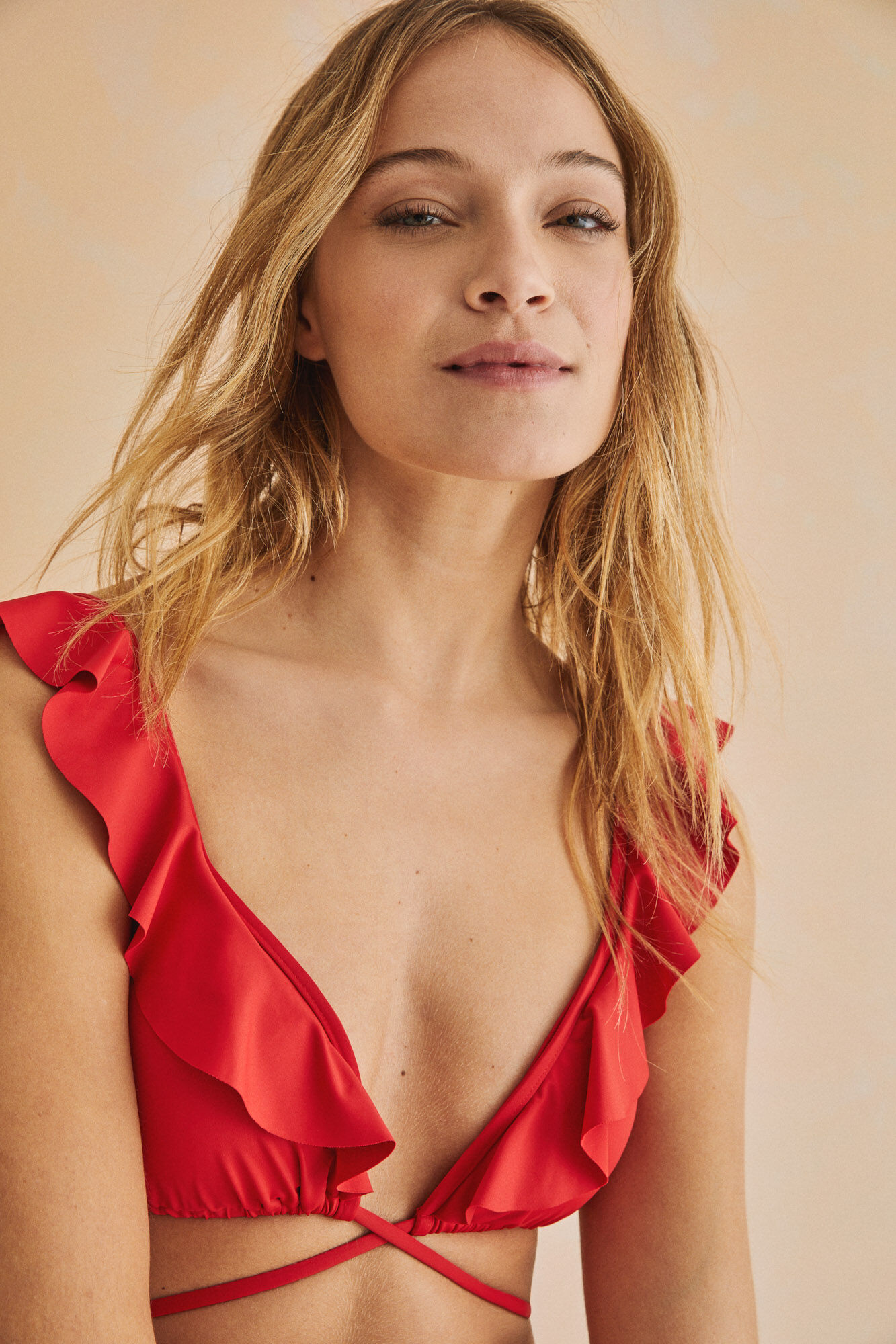 Top de biquíni vermelho com babados e alças - vermelho