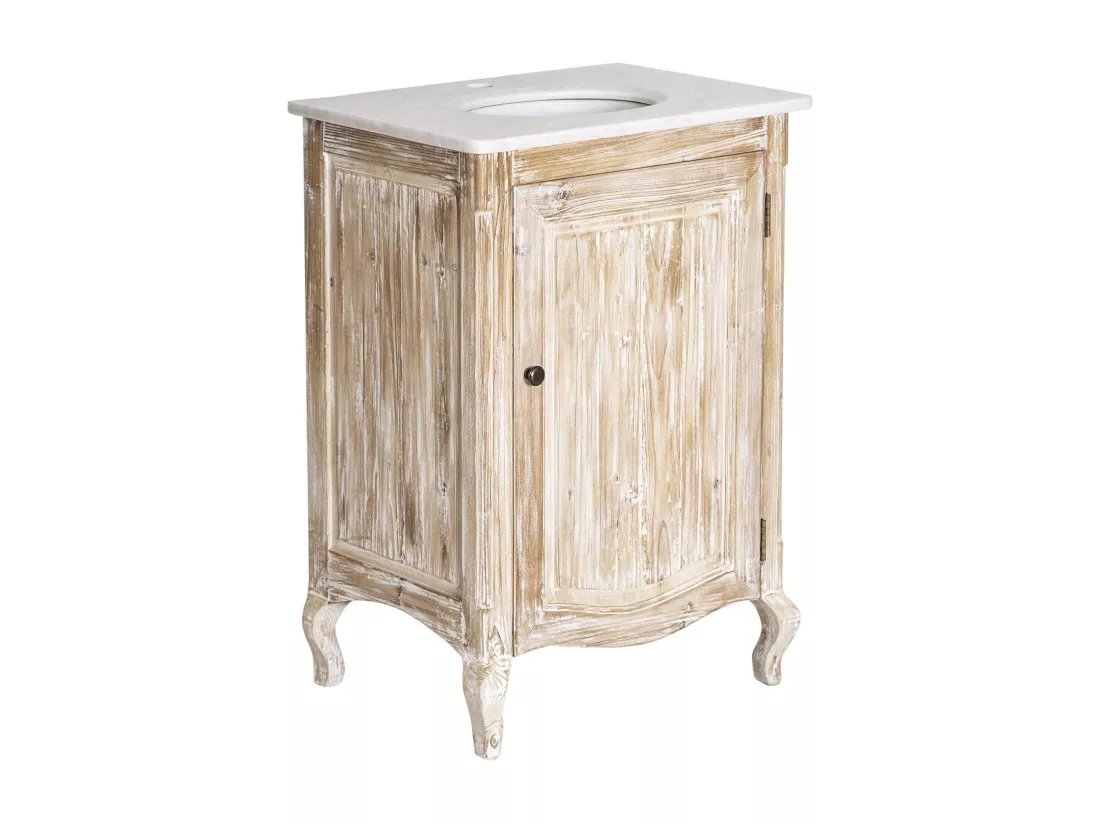 Meuble sous vasque en pin recyclé blanchi et marbre blanc Gemma