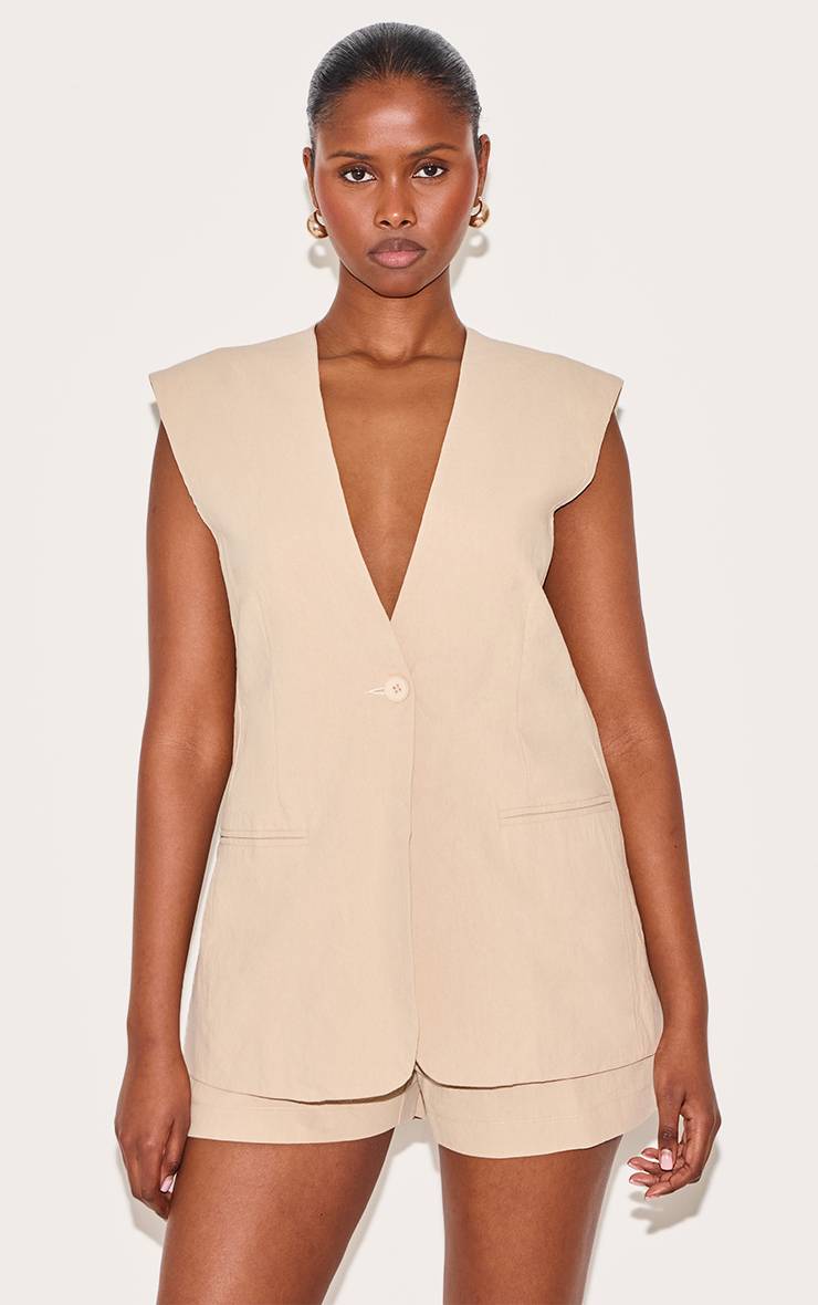 Sable Short Tailleur Tissé Effet Lin