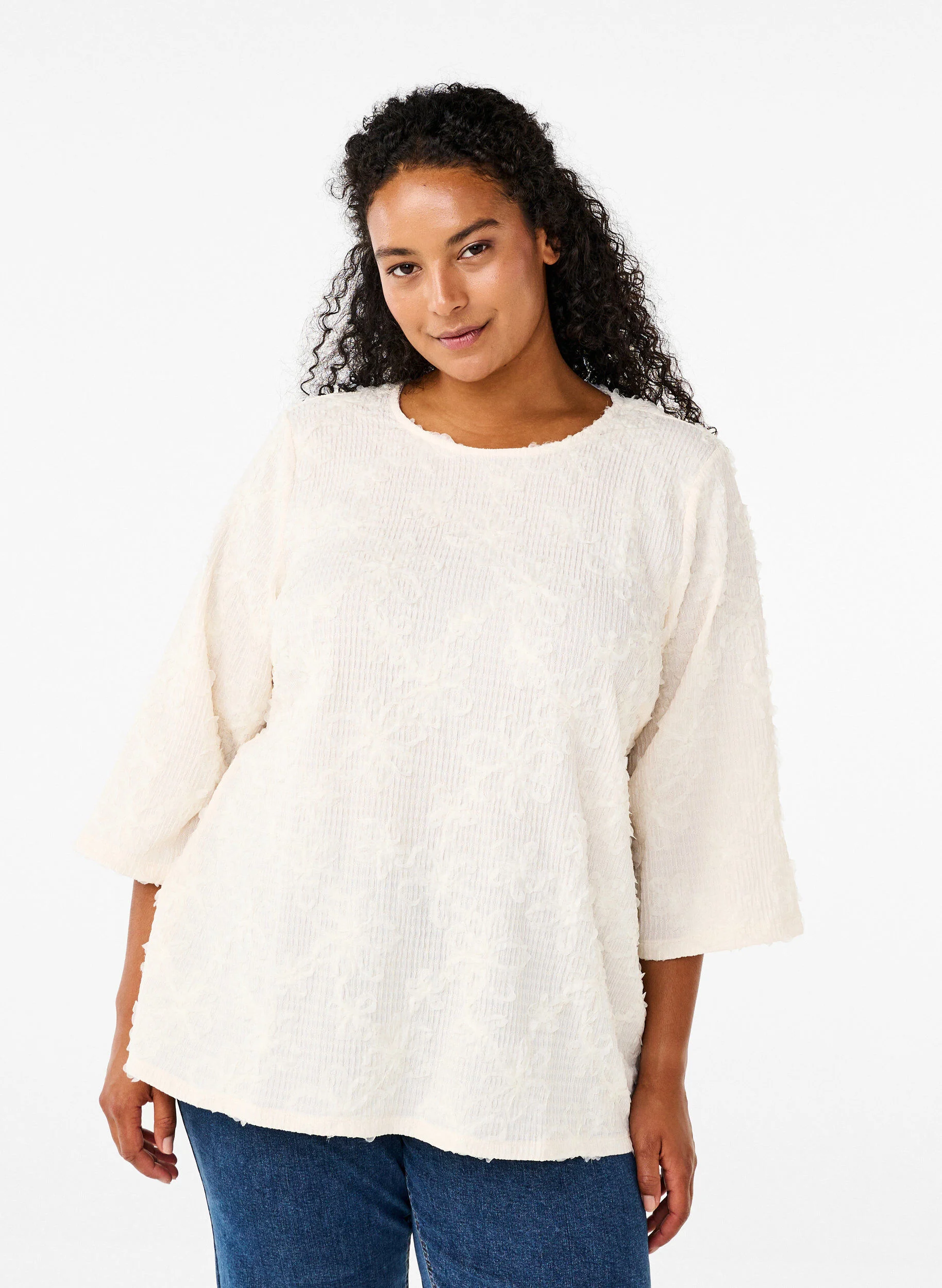 Bluse med 3/4 ærmer og 3D blomster