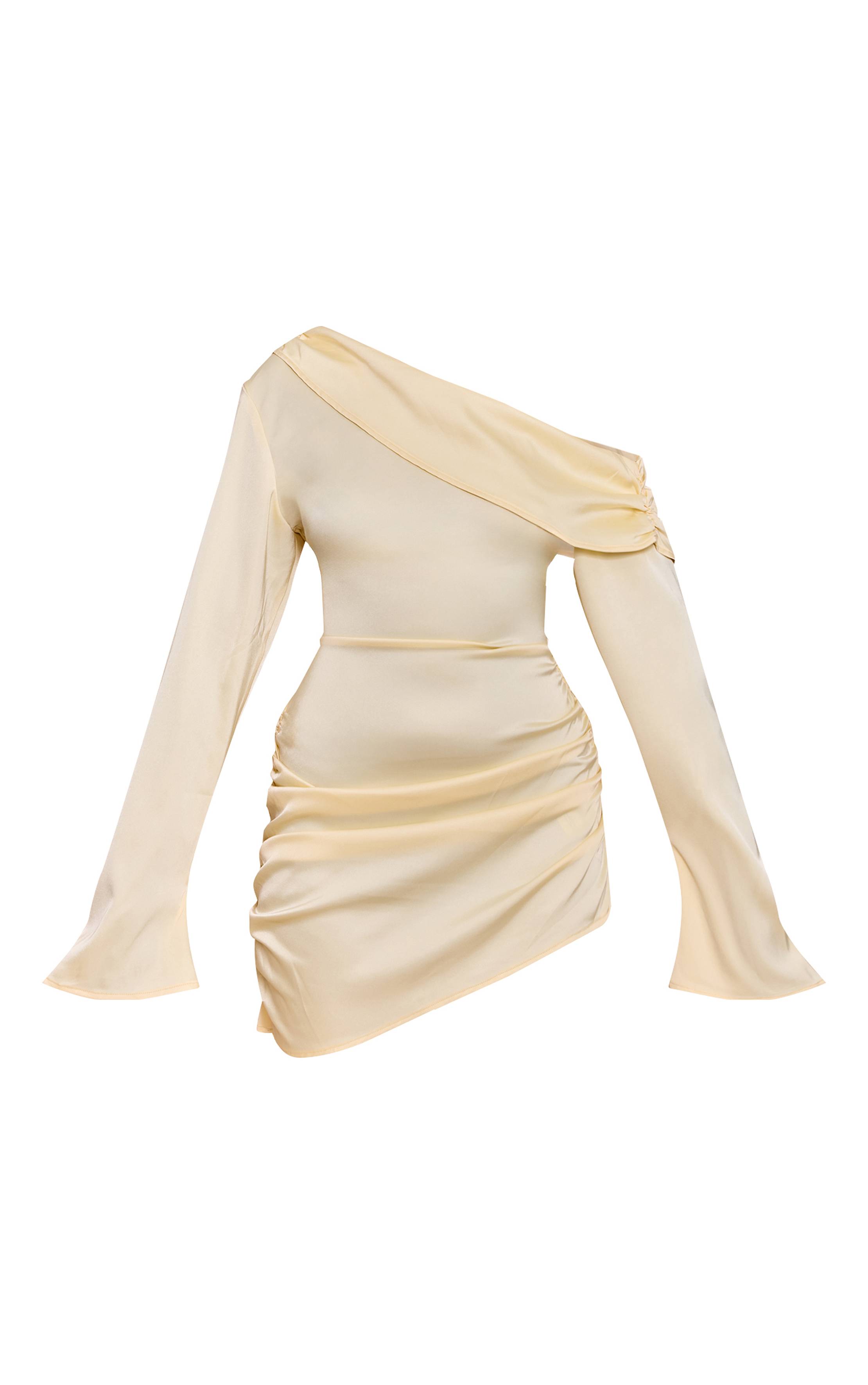 Pale Yellow Robe Moulante Drapée En Satin À Une Épaule