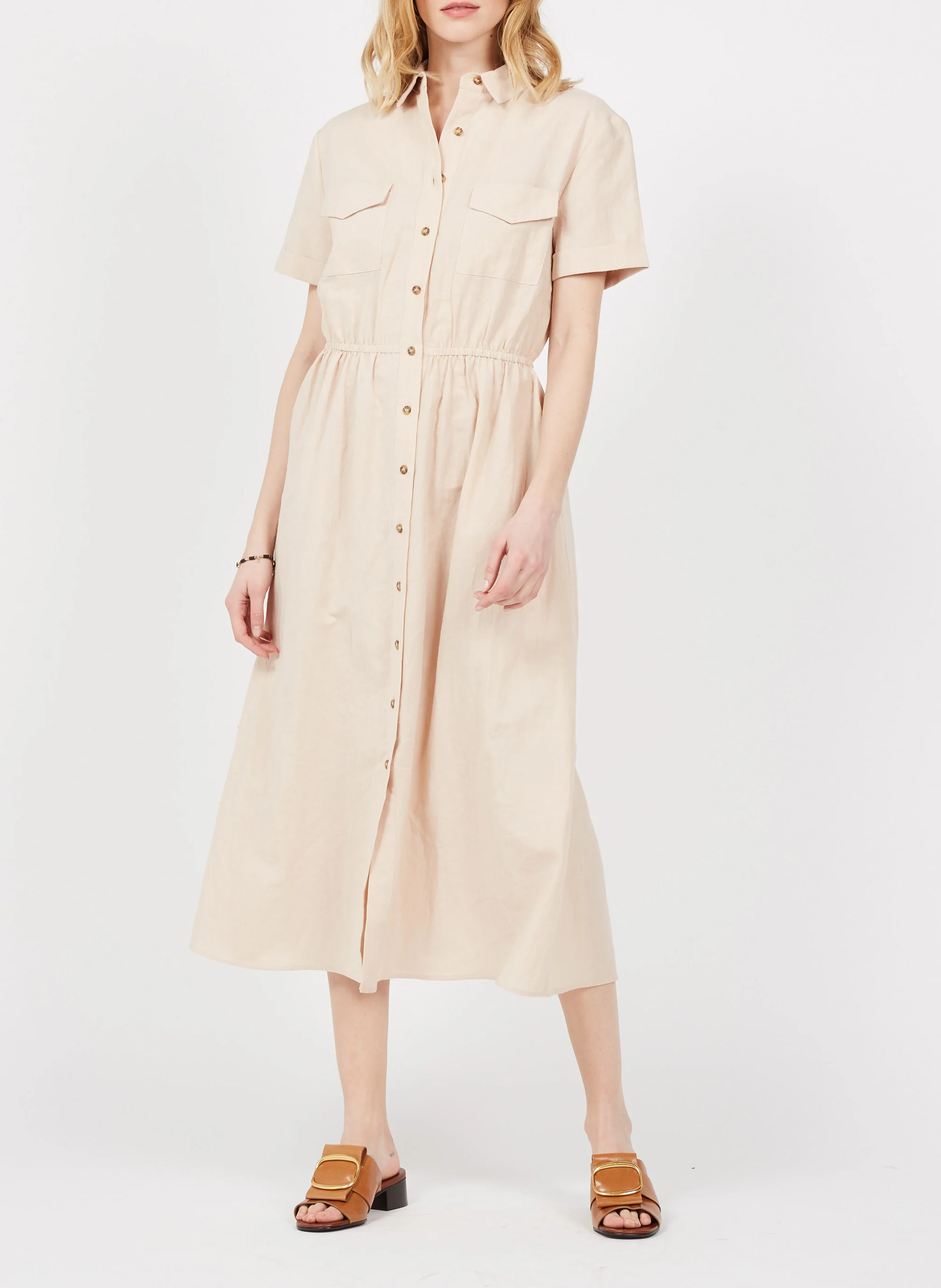GAETANNE - Robe longue col classique en lin et coton| Beige