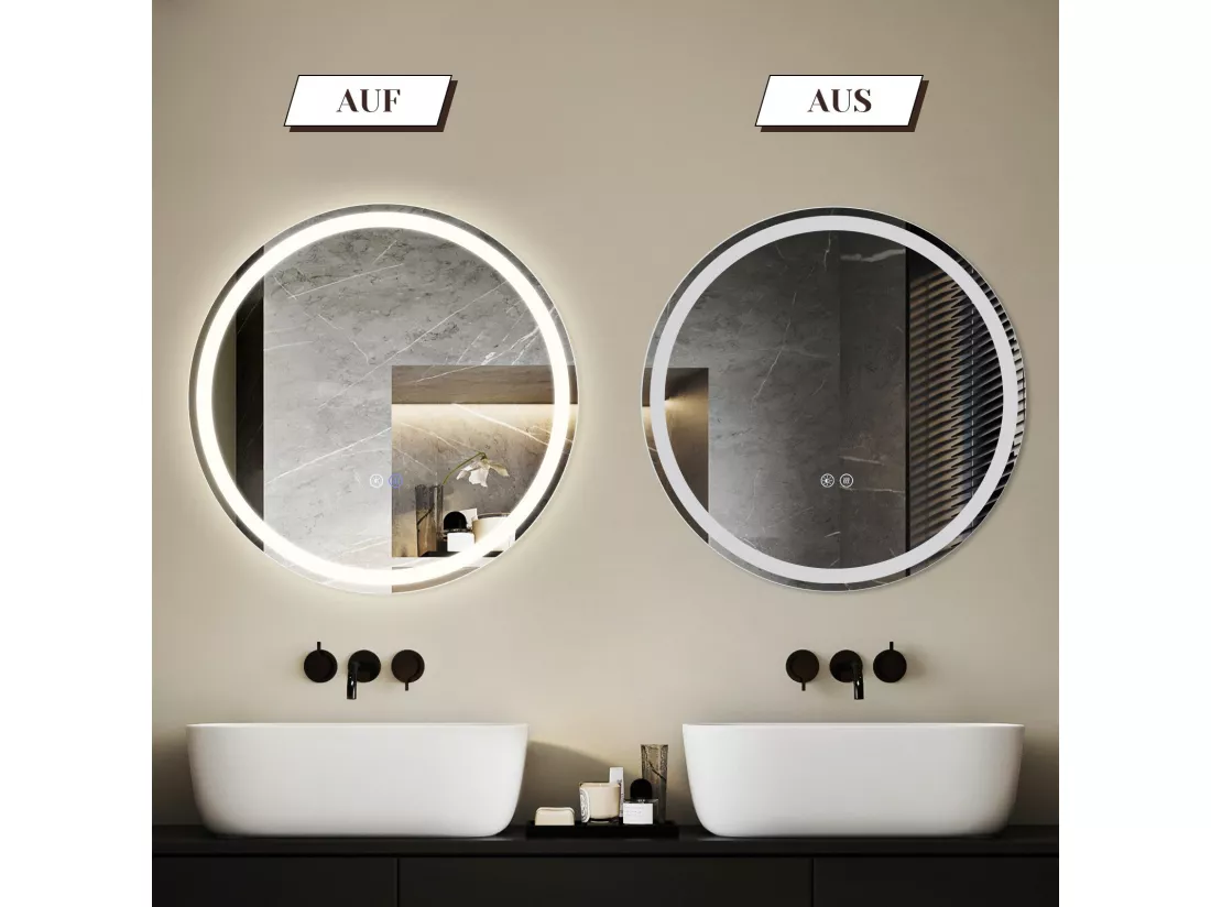 NETTLIFE Miroir lumineux salle de bain - Rond 70 cm LED, mural, interrupteur tactile, antibuée, IP44, réglable 3000K-6500K
