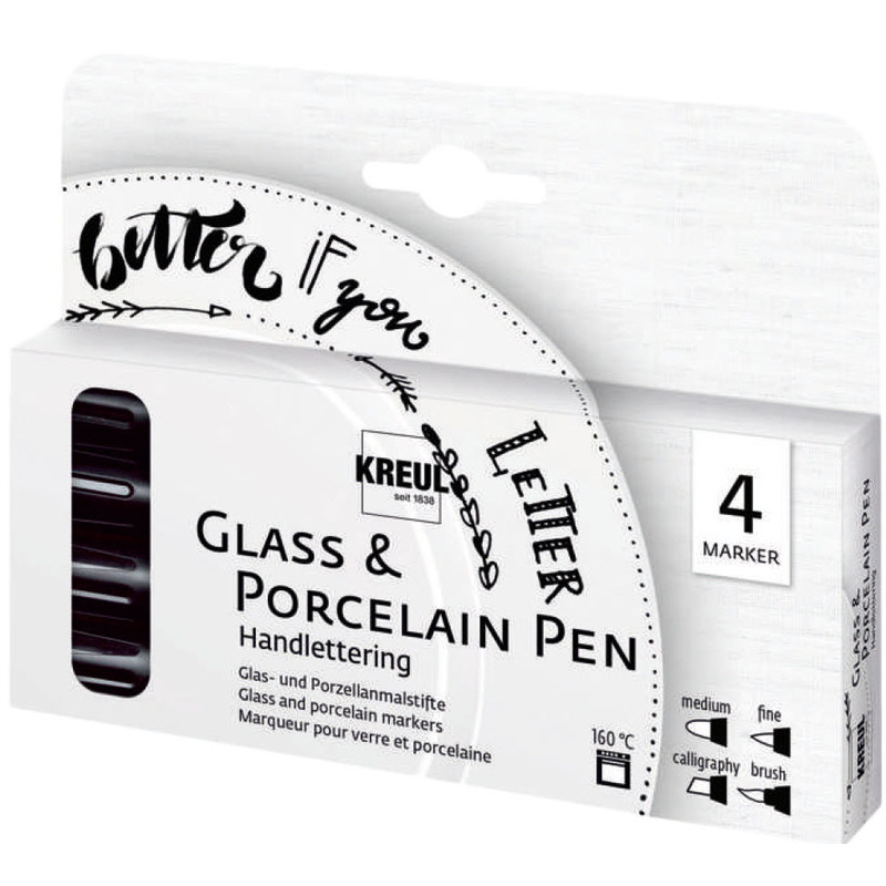 KREUL Glas- und Porzellanmarker Handlettering, 4 Stück, schwarz