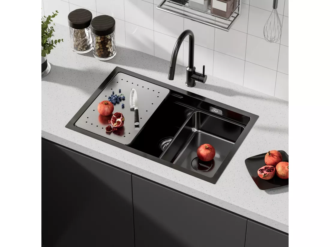 Cecipa max Évier Cuisine 1 Bac 70×44×21CM Évier à Encastrer Noir avec Egouttoir et Vasque + Mitigeur de Cuisine avec Douchette Extractible - Noir!