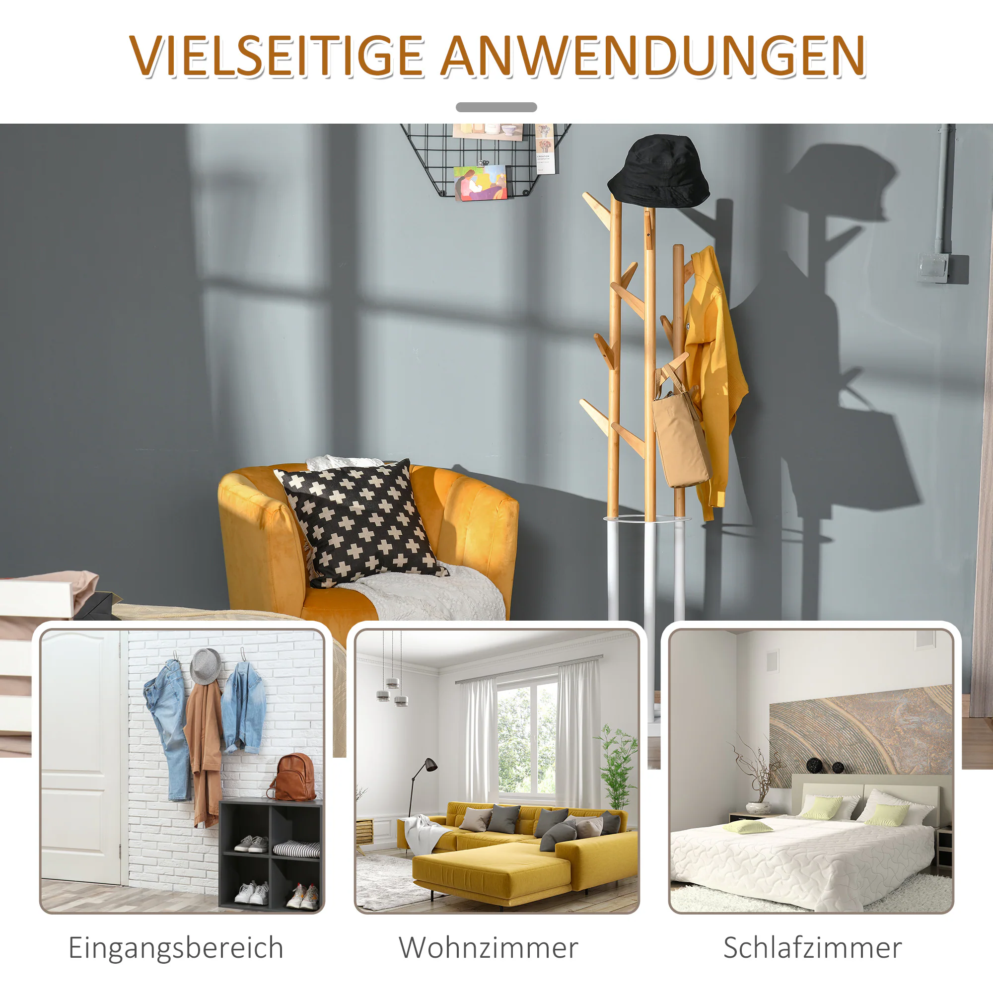 HOMCOM Garderobenständer mit 13 Haken, moderner Schirmständer Natur/Weiß 30,5 x 30,5 x 174,5 cm (BxTxH)