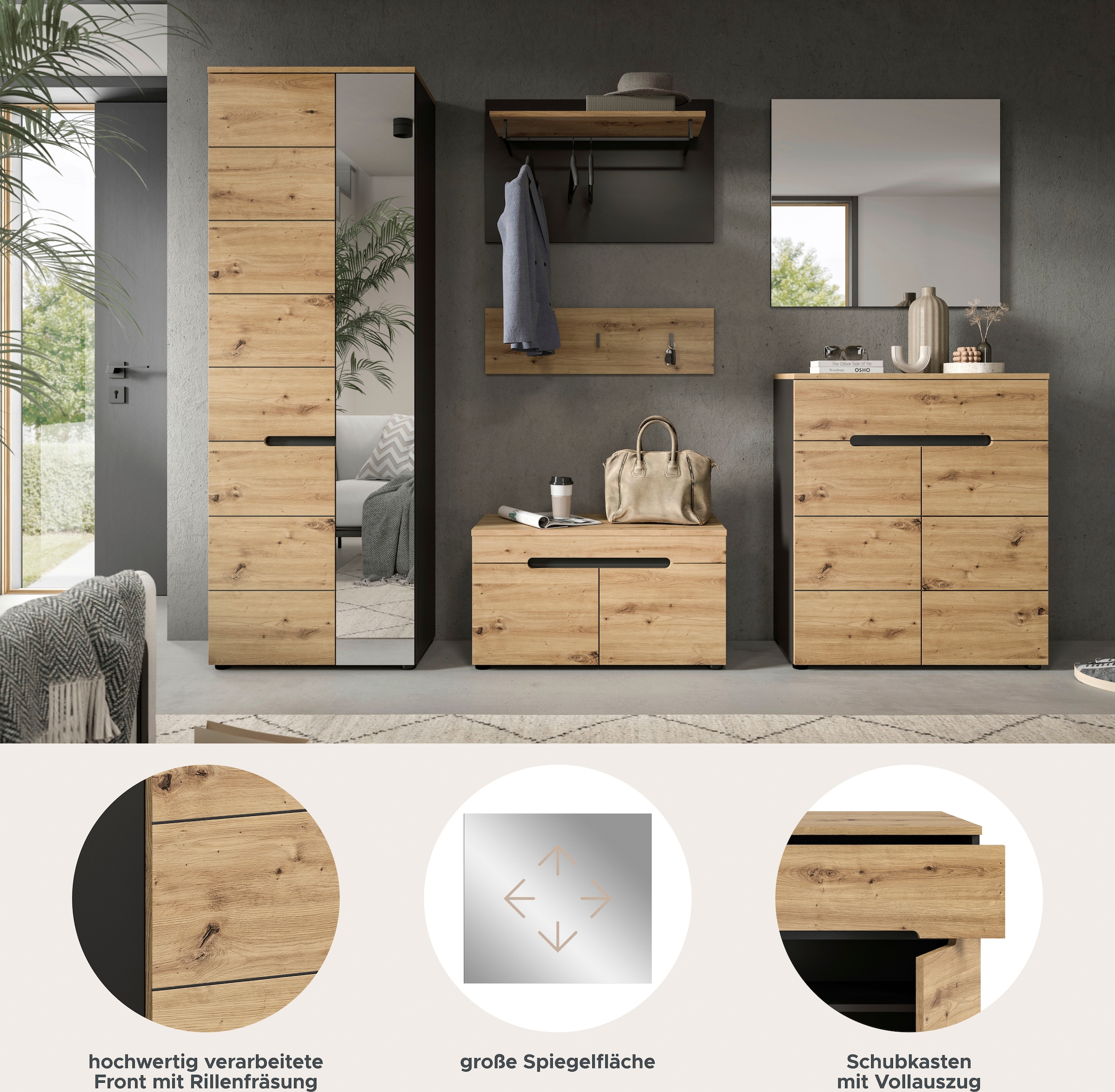 INOSIGN Garderoben-Set »Rehat, Garderobenkombination, Breite 255cm« Garderobenschrank, Sitzbank, Paneel, Hakenleiste, Spiegel, Kommode, 6 Stk. tlg.