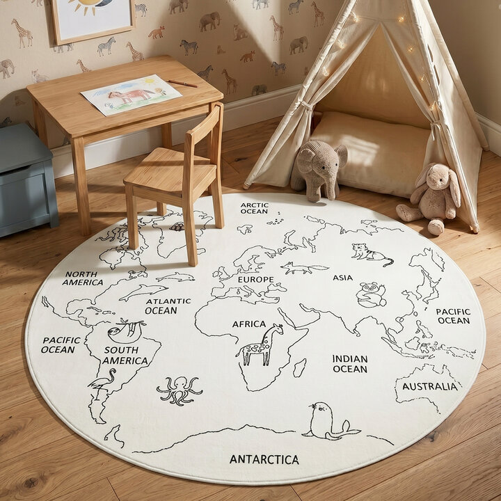Rond kindervloerkleed - Globe Crème | Werelds plezier!