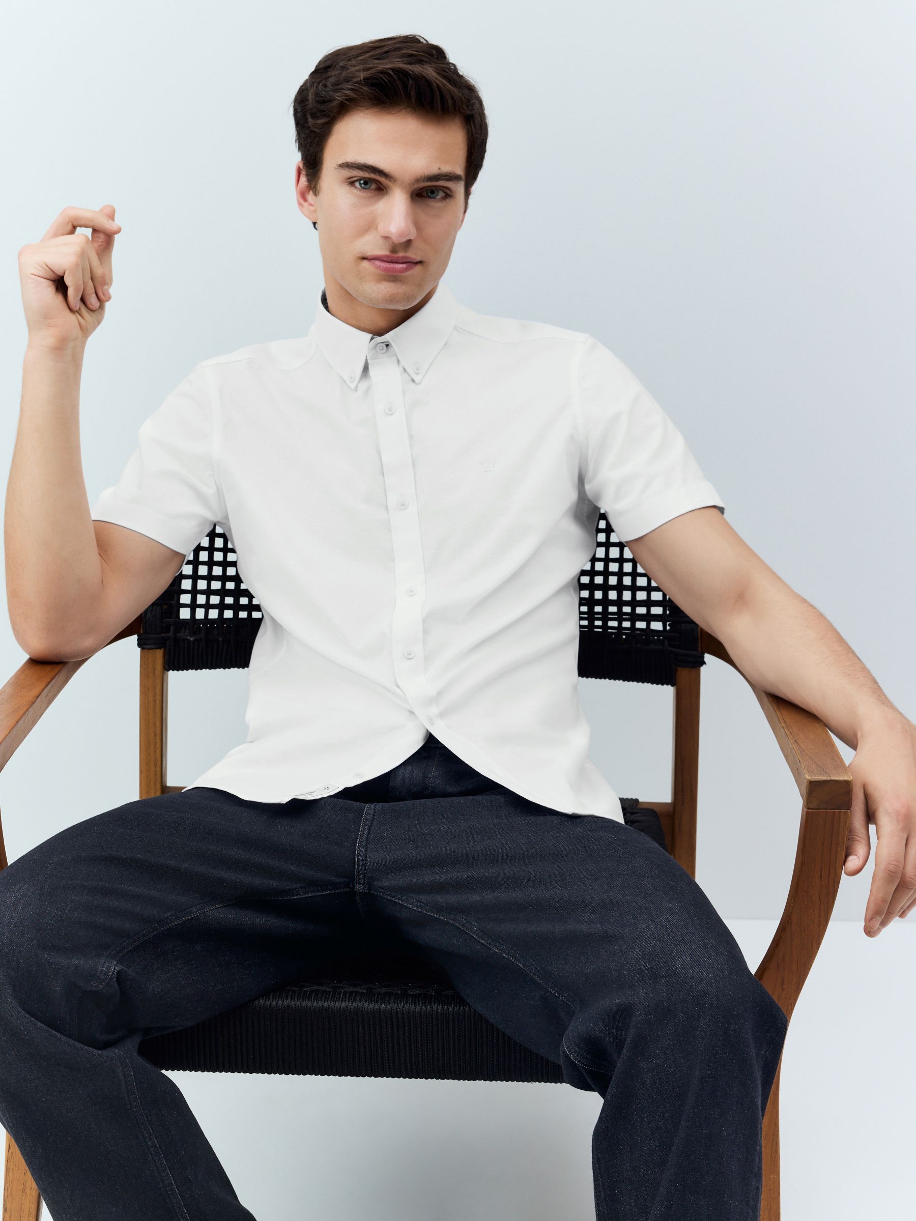 Wit - Oxford overhemd met stretch en korte mouwen