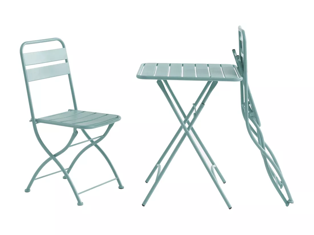 Salle à manger de jardin pliante en métal - une table L.60 cm et 2 chaises pliantes - Vert amande - MIRMANDE de MYLIA