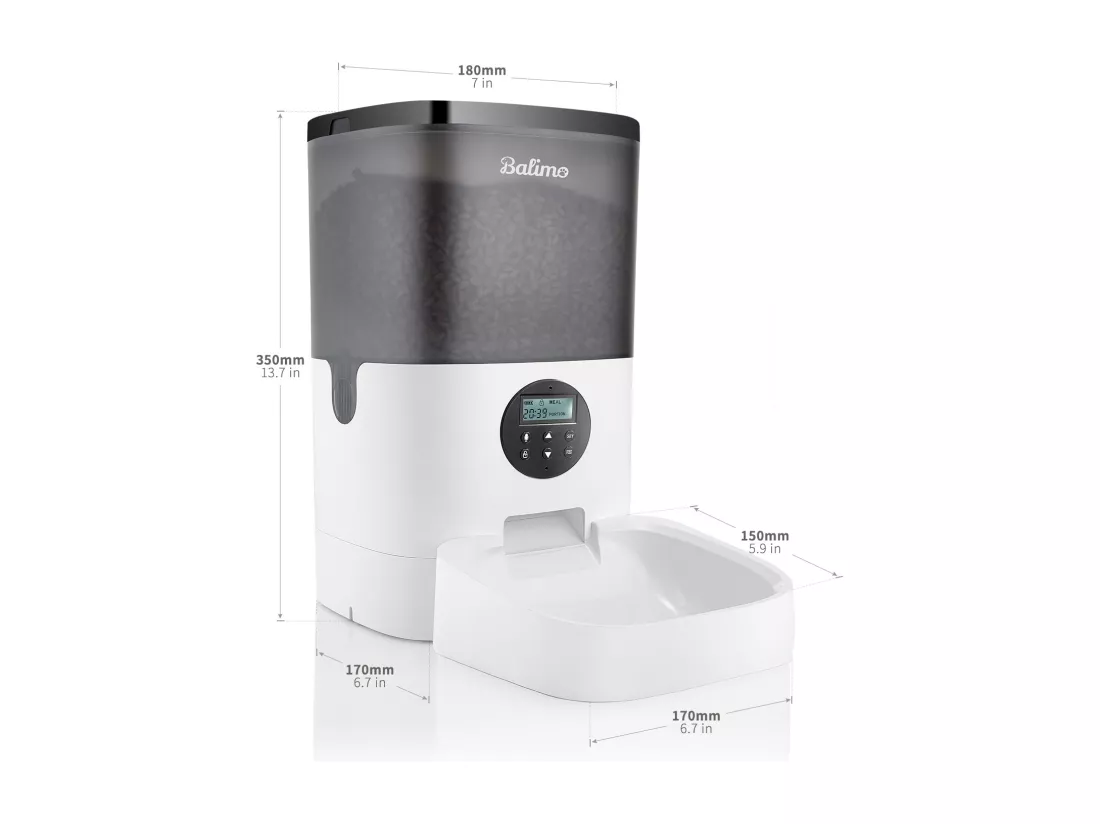 Balimo 4L Distributeur de Croquettes pour Chats/Chiens,avec Adaptateur Secteur / Batterie,Écran LCD, Enregistrement Vocal 10S et minuterie,Noir Blanc