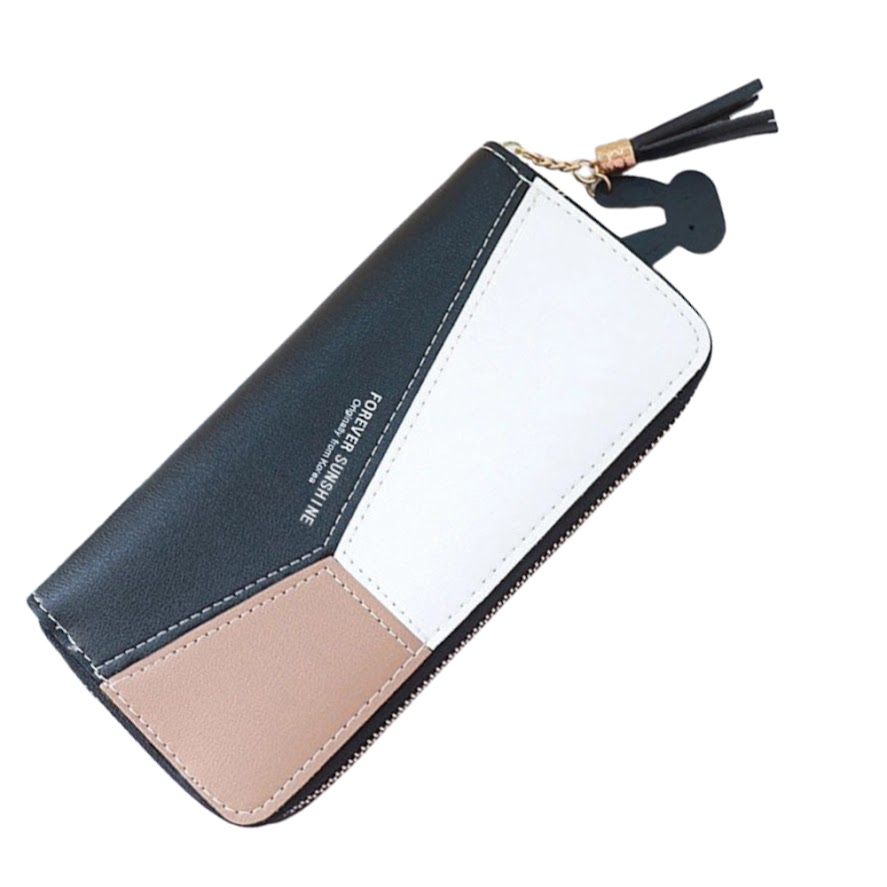 (19x10x2cm) Leder Geldbörse Fashion Portemonnaie mit Reissverschluss - Schwarz / Weiss / Beige