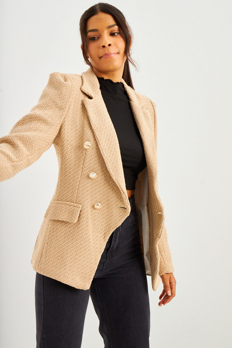 Blazer beige aspect tweed boutons perles