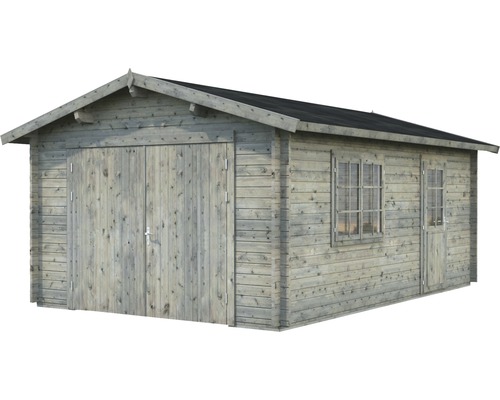 Palmako Roger vrijstaande garage, 19,0 m², met houten deur 360 x 550 cm, grijs gegrond.