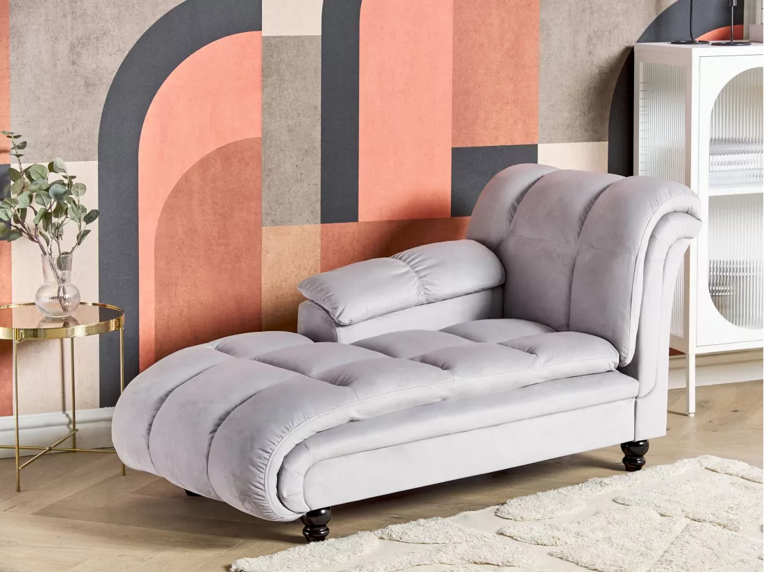 Chaise longue côté droit en velours gris clair LORMONT