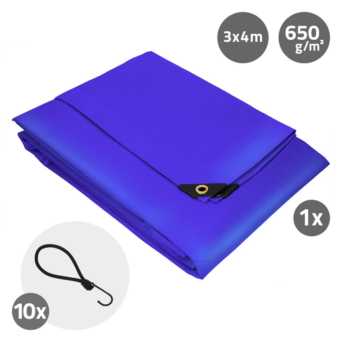 ECD Germany Premium Tarpaulin, Geweven zeildoek met ringen, 4x3m 12m², 650g/m², Blauw, PVC, Waterdicht, Scheurvast, 10 Haken, Vrachtwagenzeil, Bootzeil, Tuinzeil, Houten zeil, Beschermhoes voor tuinmeubelen, Zwembad, Auto