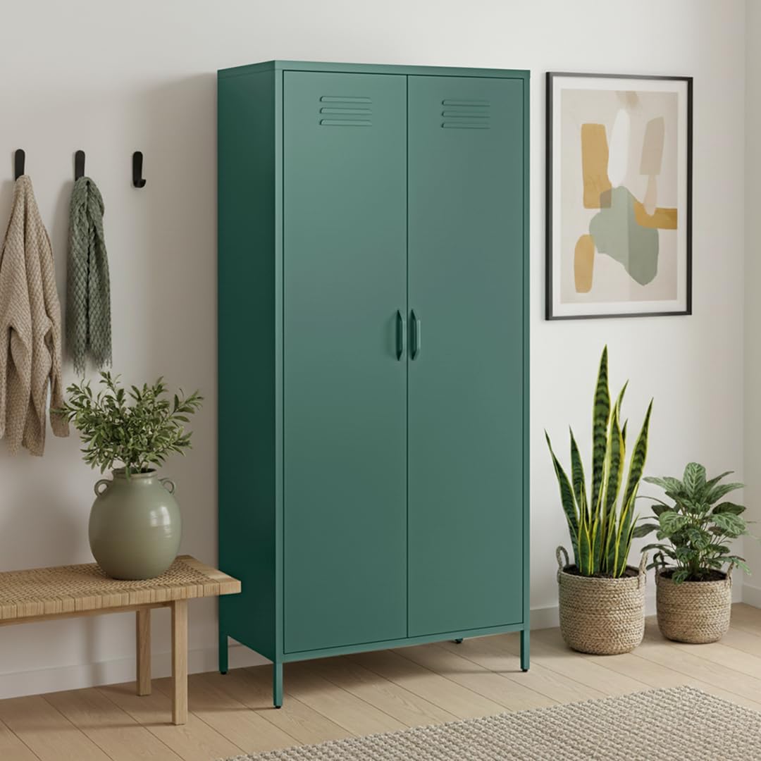skølm Atria Kleiderschrank Metall – Metallschrank mit 6 Fächern & 2 Kleiderstangen – Garderobenschrank in Dunkelgrün – Metallkleiderschrank 80 cm breit – Schlafzimmerschrank – Industrial Schrank Flur