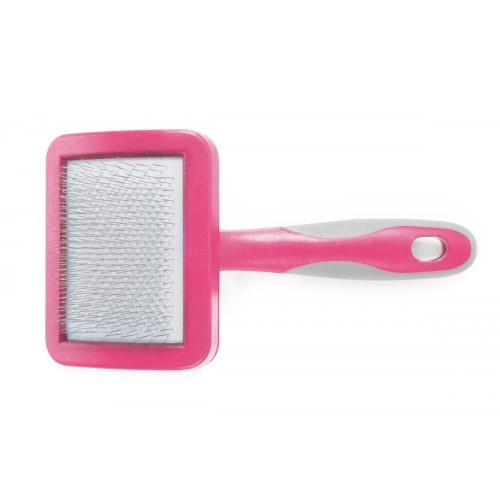 Cartão ergonômico para remoção de pelos de gatos na cor rosa.