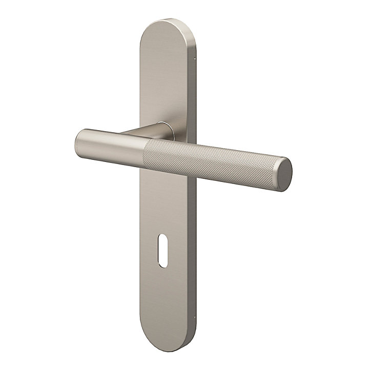 Ensemble poignée sur plaque rond serrure GoodHome Irus effet nickel satin gris L.150mm x l.42mm entraxe 165-195mm