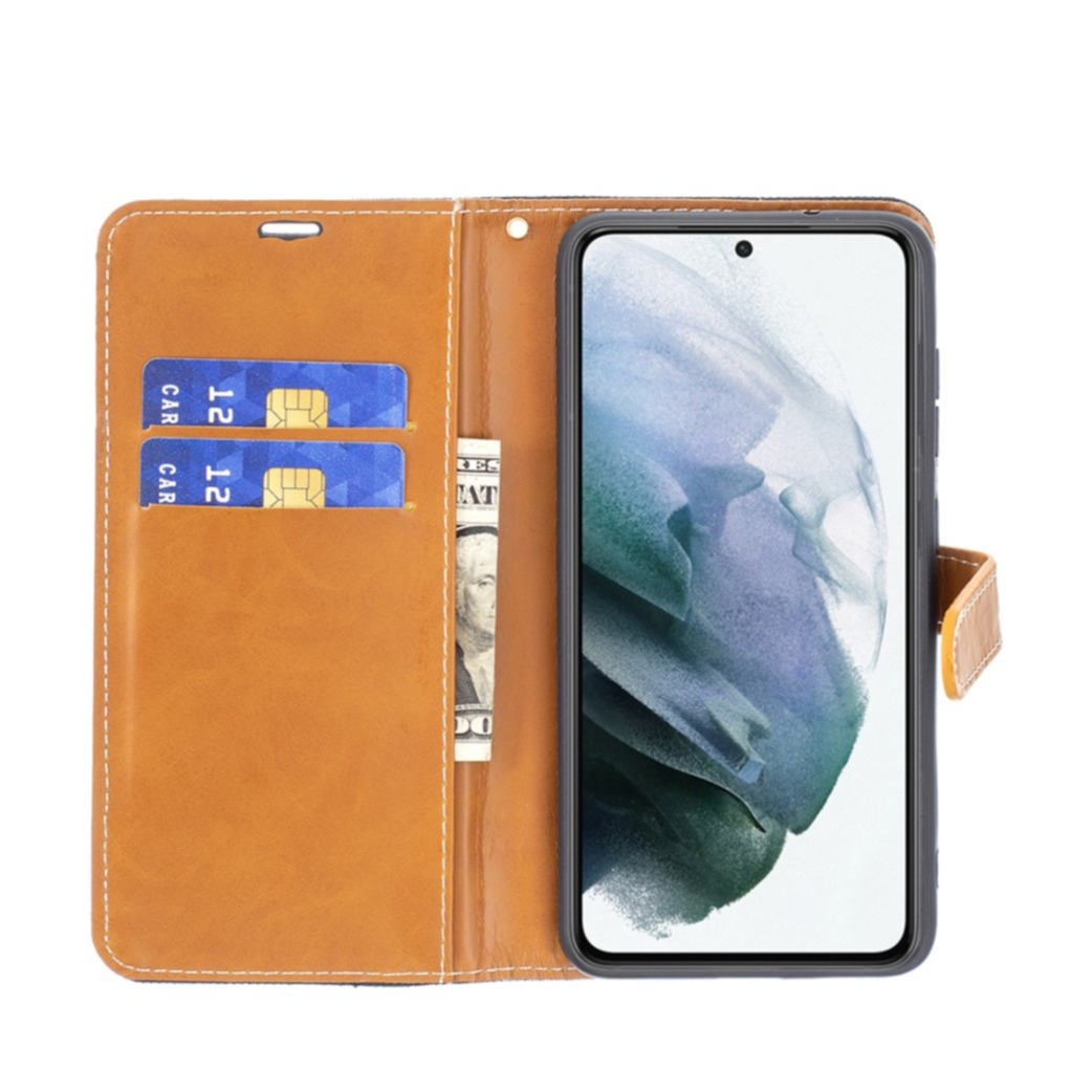 Samsung Galaxy S21 FE 5G Stoff Tasche im Jeans Look mit Kartenfach   Magnetverschluss - Schwarz / Braun