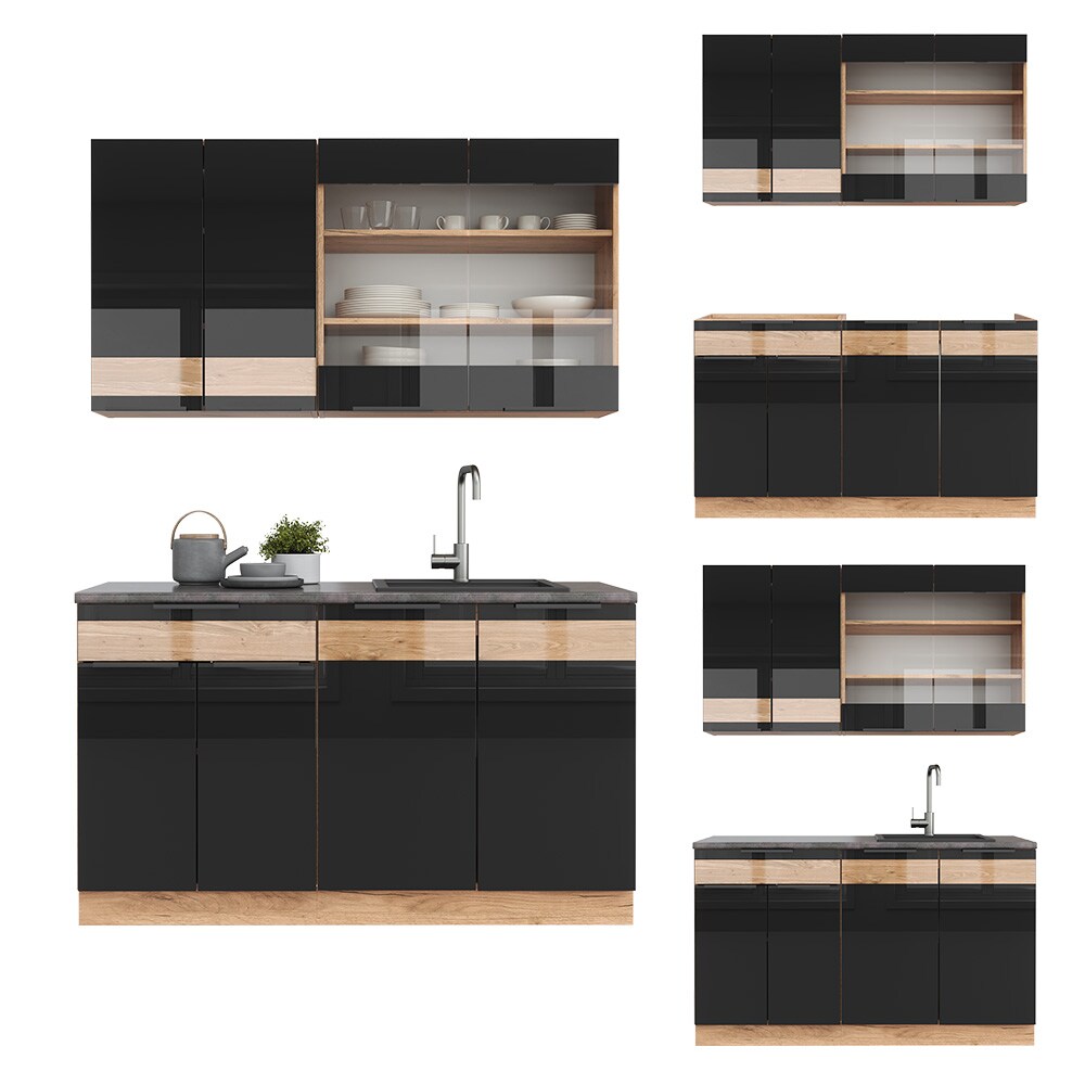 Vicco Küchenzeile Küchenblock Einbauküche Fame-Line Eiche Schwarz 140 cm modern Hochglanz Küchenschränke Küchenmöbel