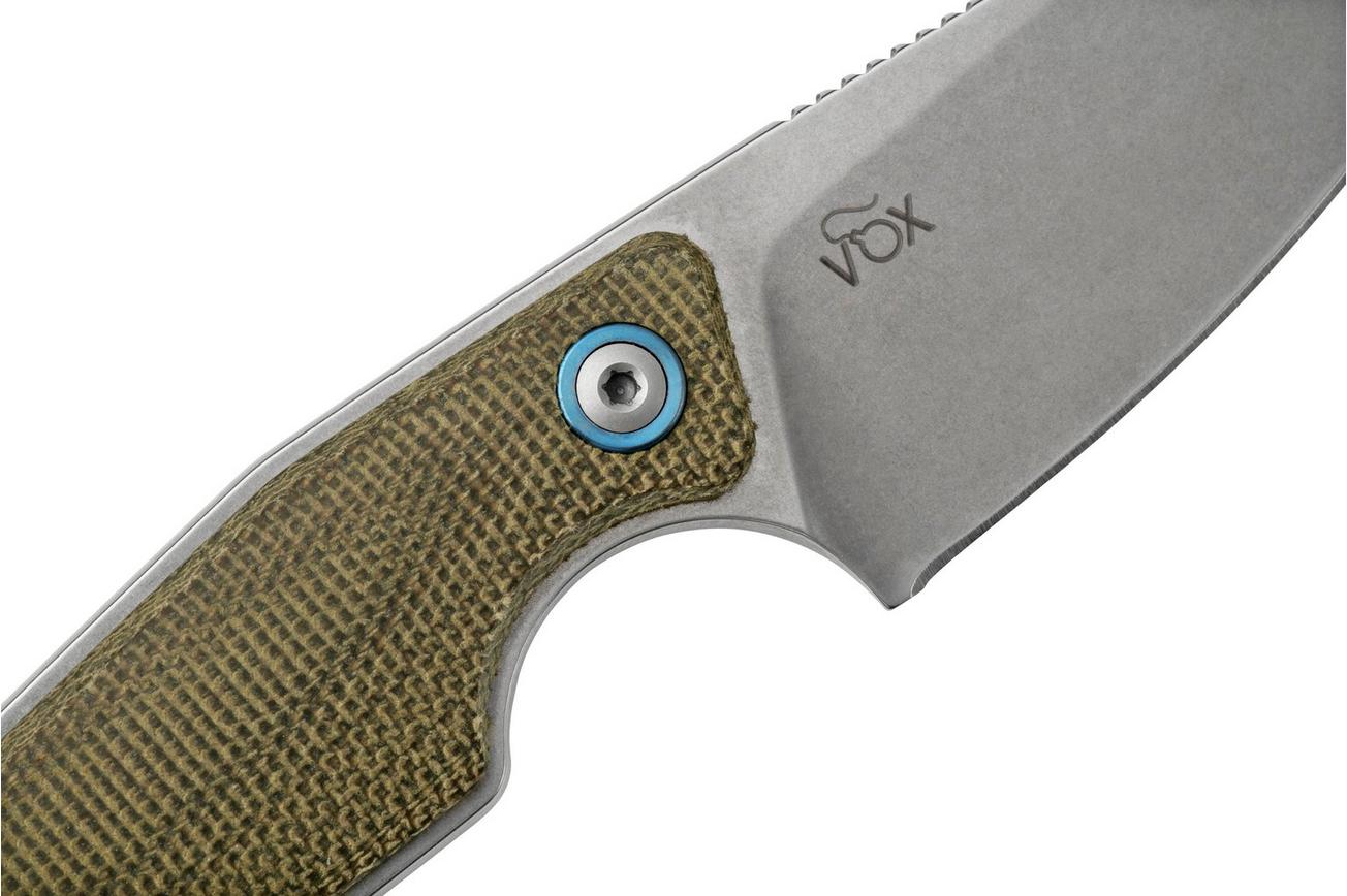 MKM Makro 1 Droppoint, Stonewashed Green Canvas Micarta vaststaand mes, Jesper Voxnaes design