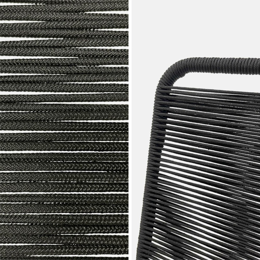 Table intérieur/extérieur 8 places en teck recyclé. Jayapura. 220x100x76cm + 8 chaises en corde brasilia noir . Empilables