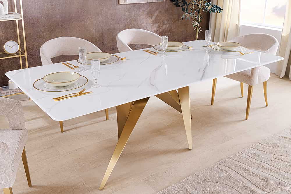 Design Esstisch ART LIVING 200cm weiß Marmor Keramik Metall brushed champagner gold