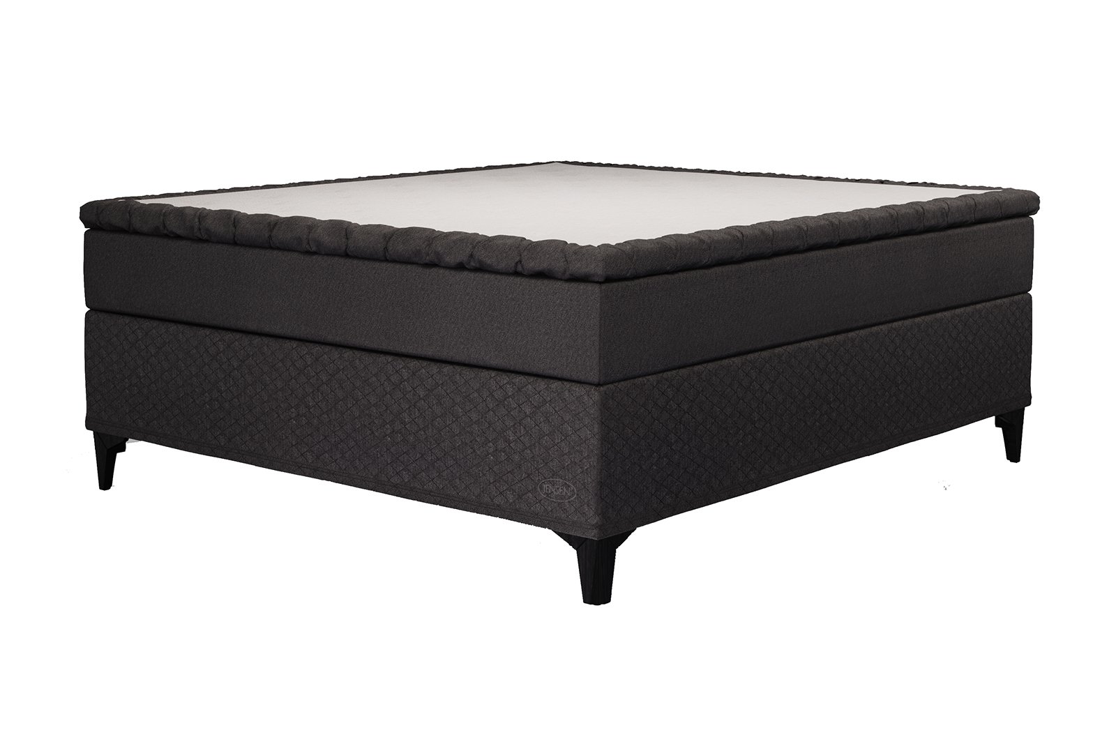 Majestic kontinentalseng 180x210 cm i tekstil 198/208 antrasitt med fast/fast fasthet. Seamless utførelse, Majestic overmadrass og Eicon ben 18 cm sort m.støtteben