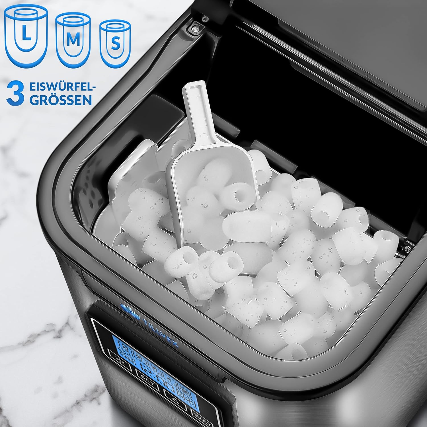tillvex Eiswürfelmaschine Edelstahl 12 kg - 24 h | Eiswürfelbereiter mit Timer und 2,2 Liter Wassertank | Ice-Maker LCD-Display & Selbstreinigungsfunktion | 3 Eiswürfel Größen (Silber)