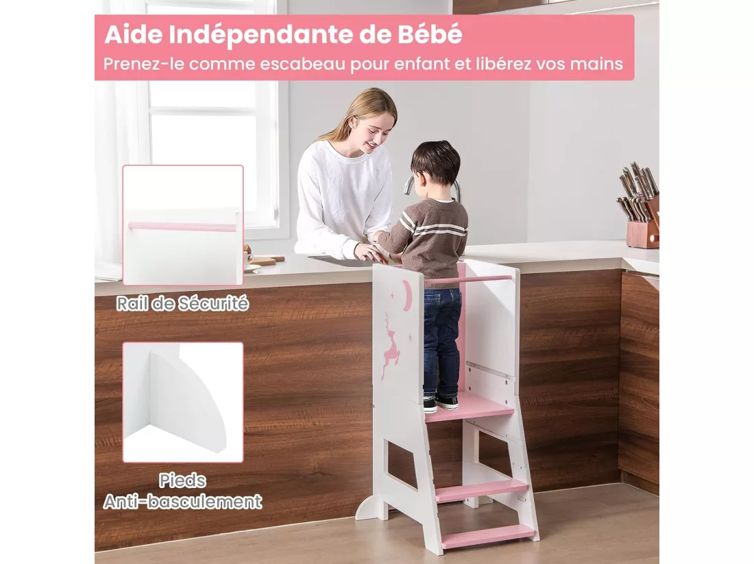 Tour d'apprentissage Enfant avec Hauteur Réglable & Tableau, Tour d'Observation Montessori en Bois avec Rail de Sécurité & Pieds Anti-Bascule, Charge 70kg pour Enfant de 1-7 Ans (Rose)