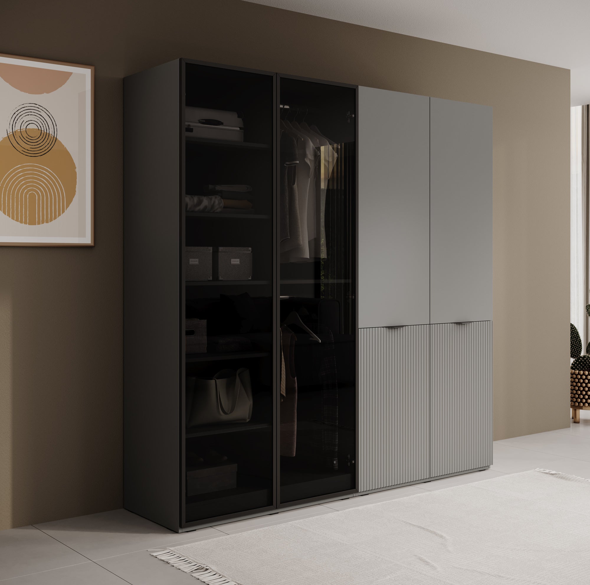 Shelton - Kledingkast 4-deurs van glas - Grijs - 202x51x200 cm