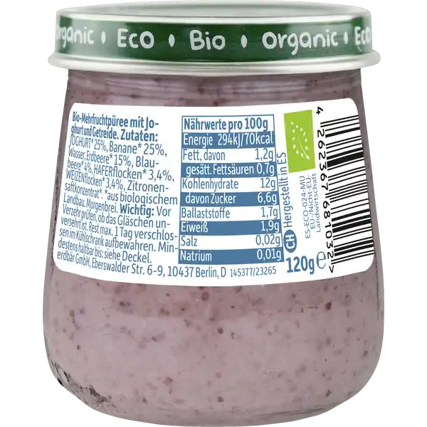 Bio Baby Morgenbrei Joghurt, Banane, Erdbeere, Blaubeere mit Hafer