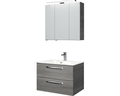Pelipal Kumba badkamermeubelset, BxHxD 77 x 200 x 50 cm, grafiet getextureerde fronten (horizontaal patroon), met witte glazen wastafel, 99.77032619