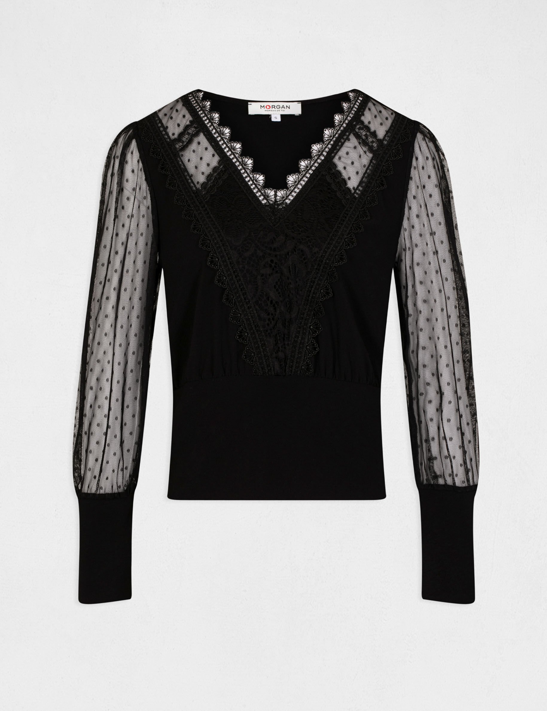 T-shirt manches longues avec plumetis noir femme - noir
