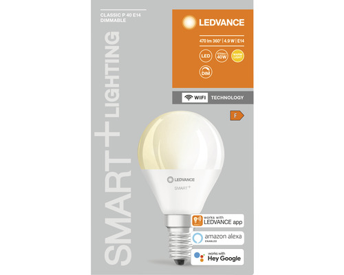 Ledvance Smart WIFI LED-druppellamp, dimbaar, P40 E14/5W (40W), mat, 470 lm, 2700 K, warm wit